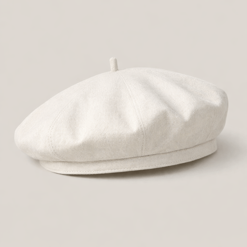 Off-white linen beret hat with small top stalk